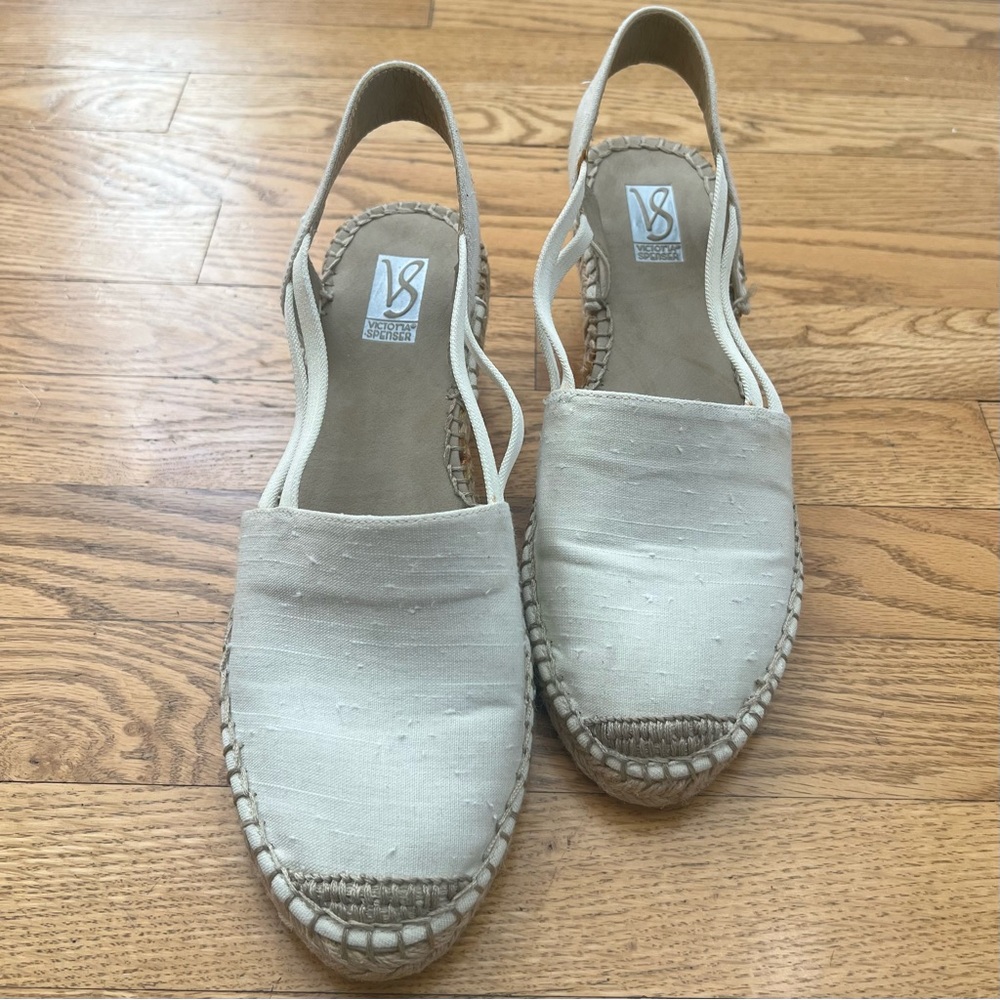 Victoria Spenser Beige Espadrille Wedge Sandals Capsule Elevated Fabric US 7.5M